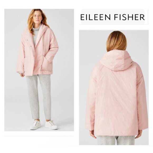 EILEEN FISHER Eggshell Recycled Nylon Hooded Coat Jacket In Powder Pink Sz Med - Picture 1 of 15